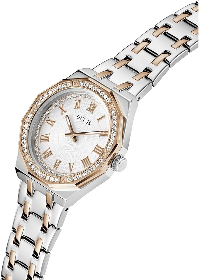 GUESS 2-tone ladies watch at angle showing crystal bezel and two-tone bracelet