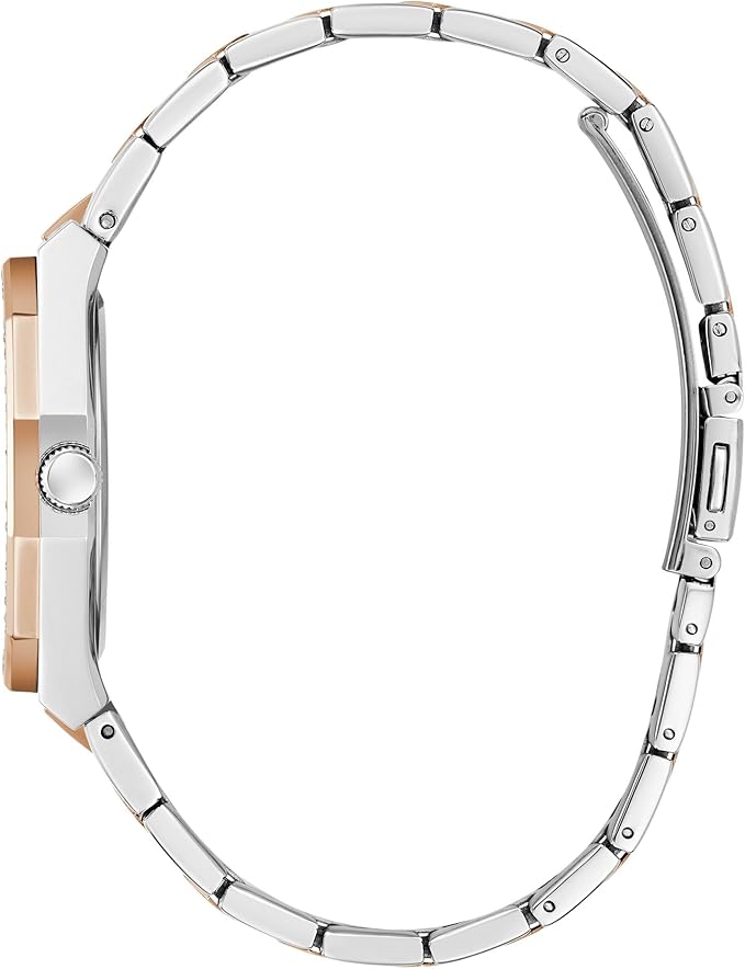 GUESS women's watch side view showing two-tone case and bracelet design