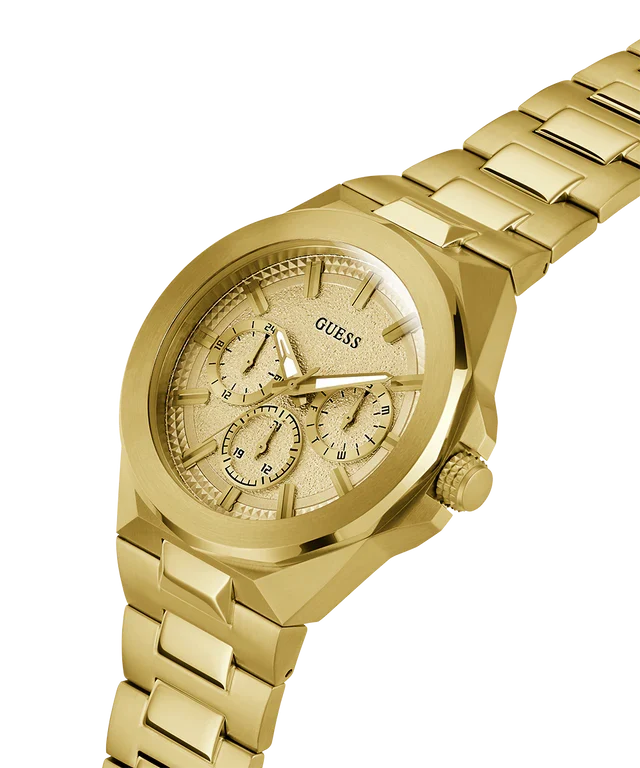 GUESS gold tone multi-function watch displayed at angle showing case and full link bracelet