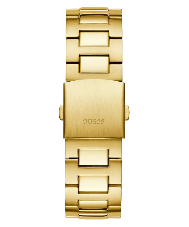 GUESS gold tone watch caseback showing bracelet connection and GUESS engraving