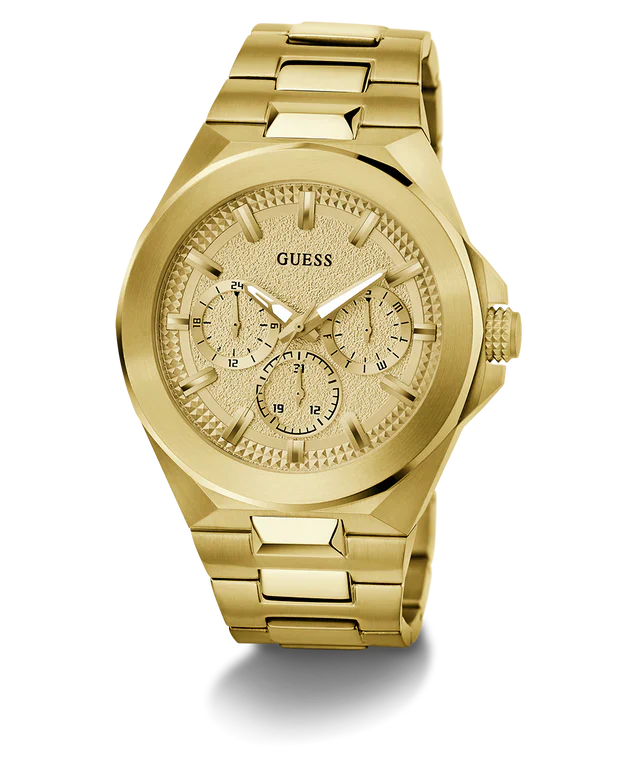 GUESS GW0798G2 gold tone chronograph watch with textured champagne dial and three sub-dials
