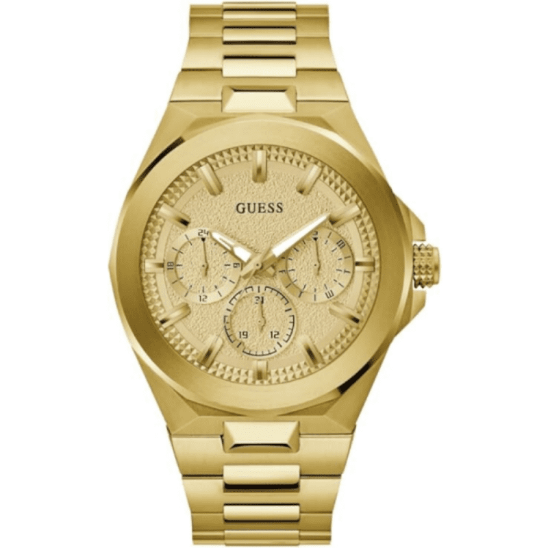 GUESS gold tone men's watch with multi-function chronograph dial and matching gold link bracelet