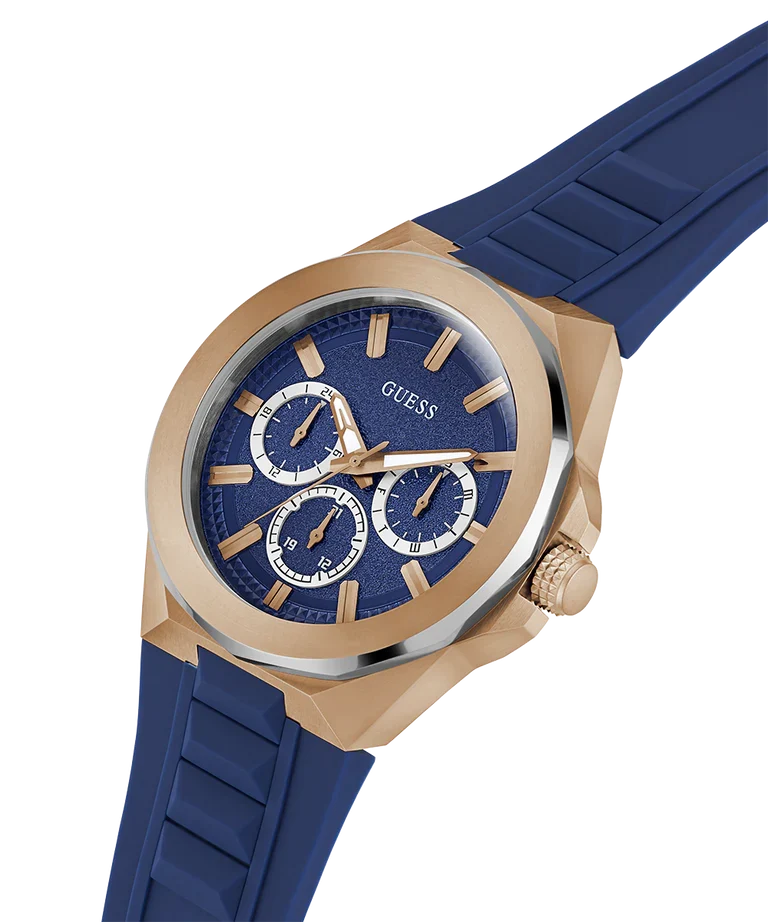 GUESS GW0799G2 watch angled view showing chronograph features and blue dial