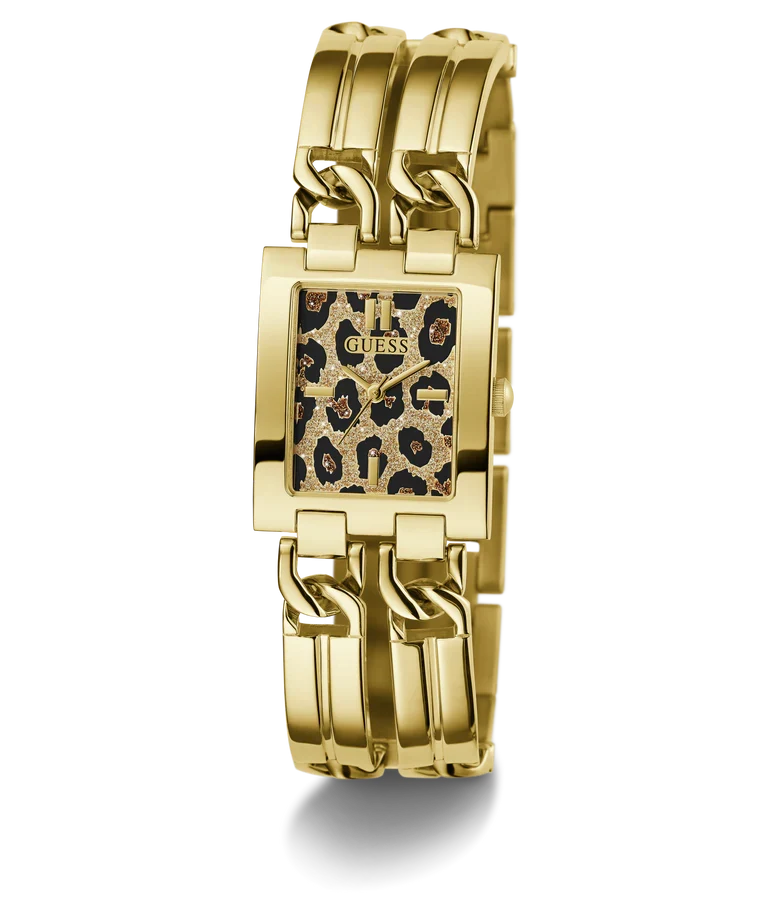 GUESS GW0807L2 gold tone watch with chain-link bracelet and leopard dial