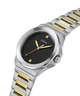 Side angle view of GUESS black dial watch with two-tone bracelet