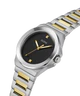 Side angle view of GUESS black dial watch with two-tone bracelet