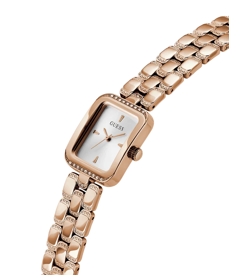 GUESS GW0865L3 rose gold ladies watch from angled side view with link bracelet