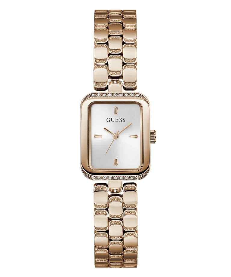 GUESS GW0865L3 rose gold tone rectangular watch with white dial and crystal bezel