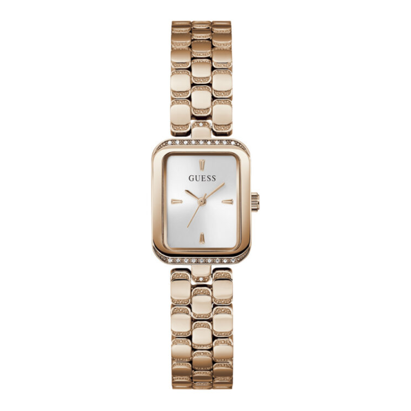 GUESS rose gold tone ladies watch with rectangular dial, white face, and crystal bezel