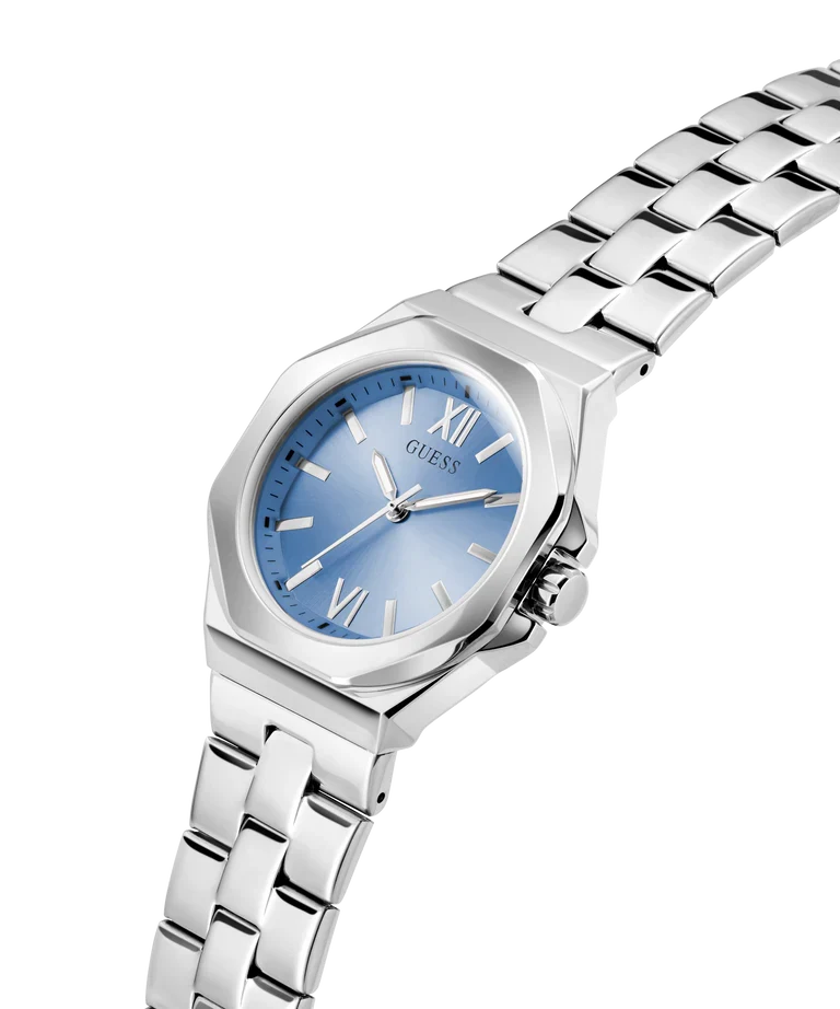 GUESS GW0873L1 watch angled view showing octagonal case and stainless steel bracelet