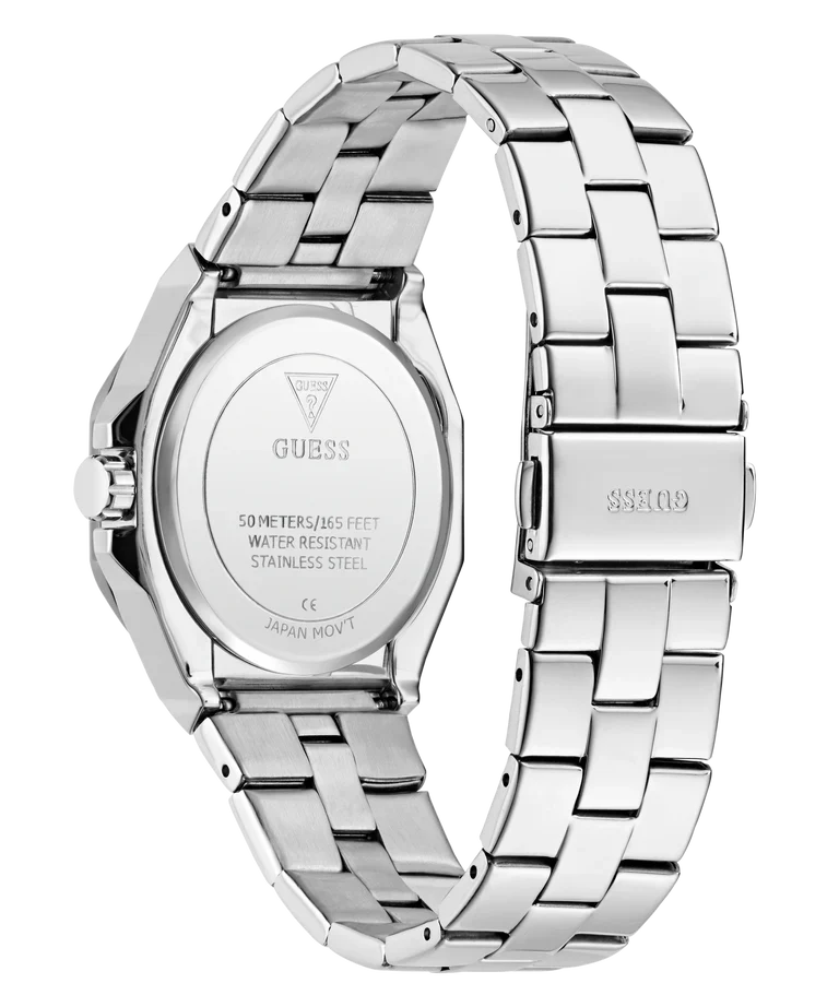 GUESS GW0873L1 case back showing water resistant stainless steel construction details
