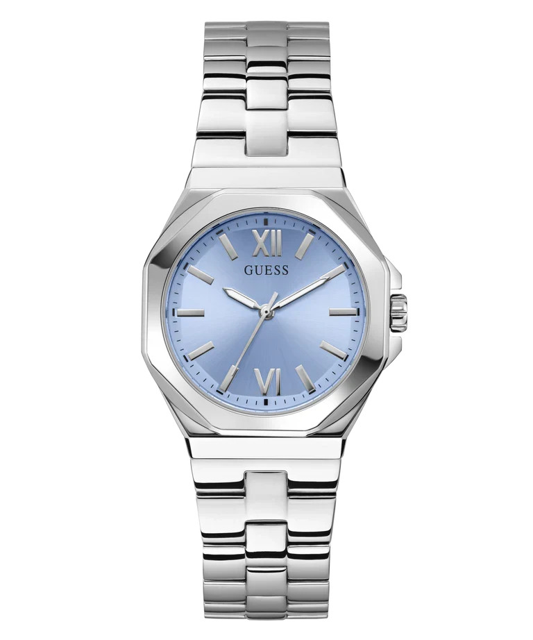 GUESS GW0873L1 silver-tone women's watch with light blue dial and Roman numerals