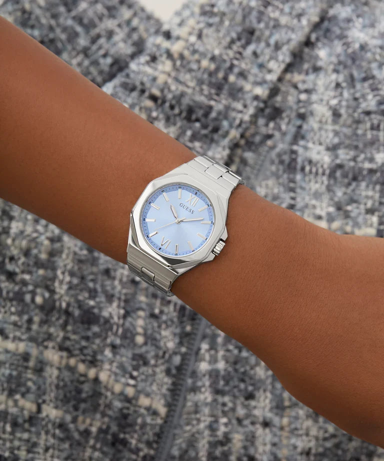 GUESS GW0873L1 silver watch displayed on wrist showing octagonal case design