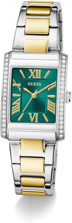 Front view of rectangular GUESS watch with green face and gold and silver bracelet