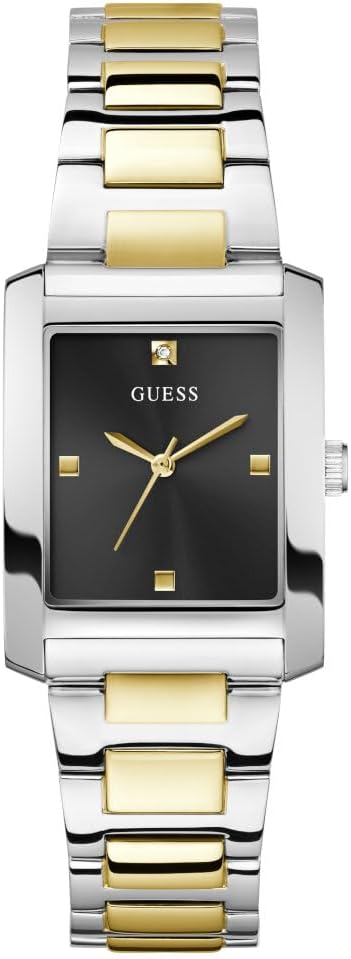 GUESS multi-tone and black square analog watch with black dial and two-tone bracelet