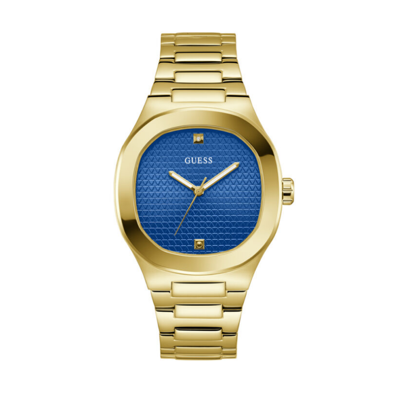 Guess HEADLINE blue dial analog watch with gold-tone steel case and bracelet