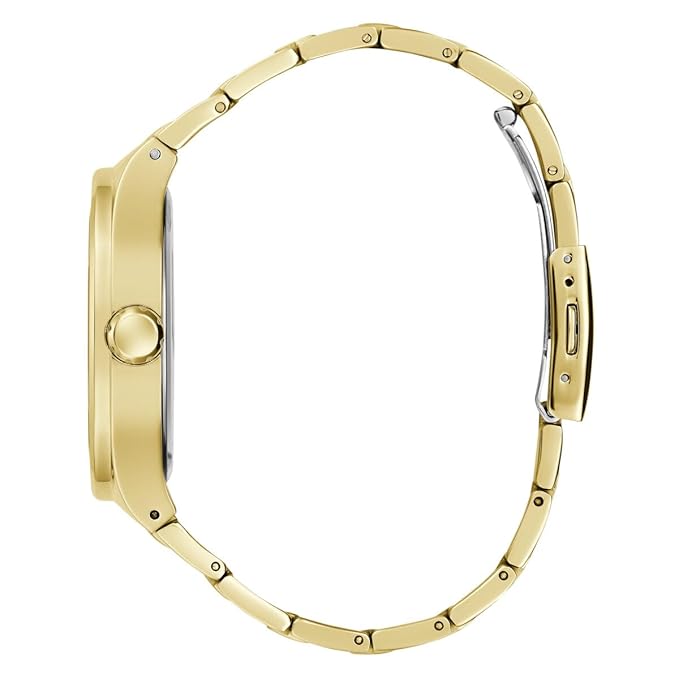 Gold-tone steel bracelet side view of Guess HEADLINE watch