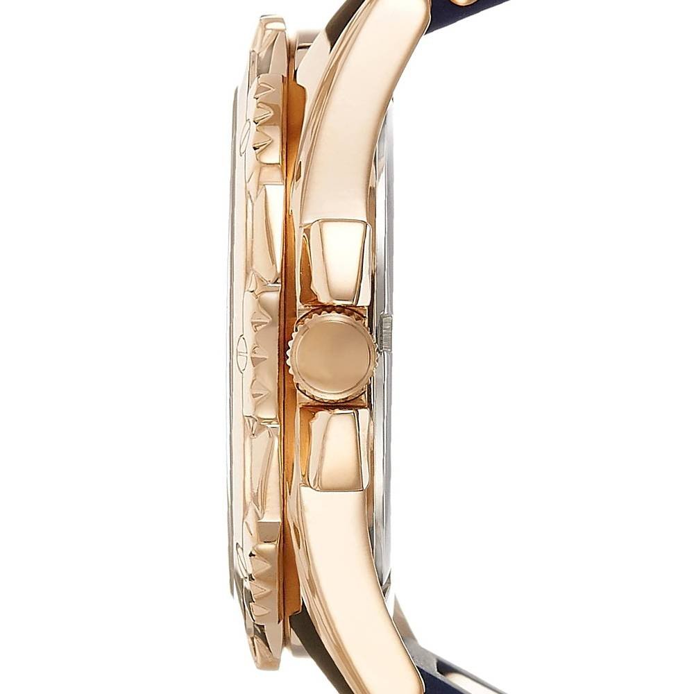 Side view of Guess Intrepid 2 rose gold case with textured bezel and navy strap
