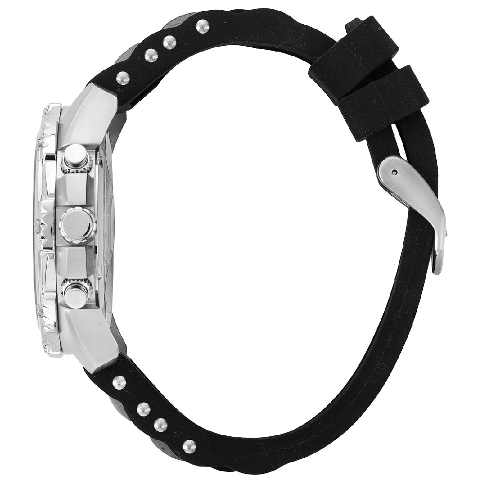 Side view of Guess Intrepid watch showing silver case and black rubber strap with studs