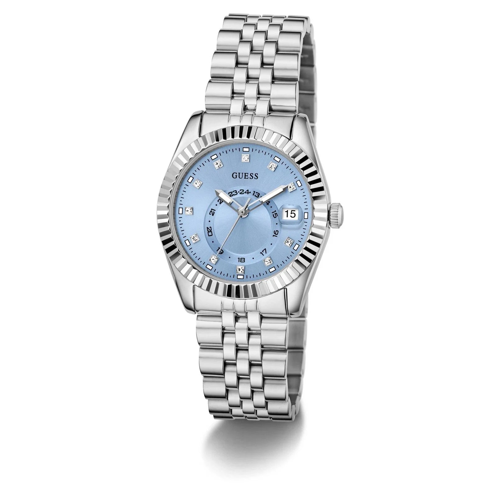 Guess Jada stainless steel women's watch worn on wrist with light blue dial visible
