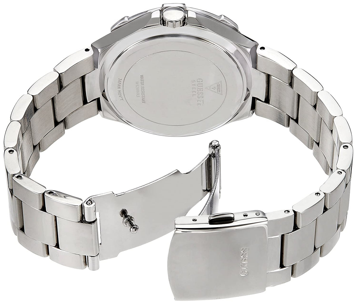Caseback view of Guess Vista watch with stainless steel bracelet and fold-over clasp