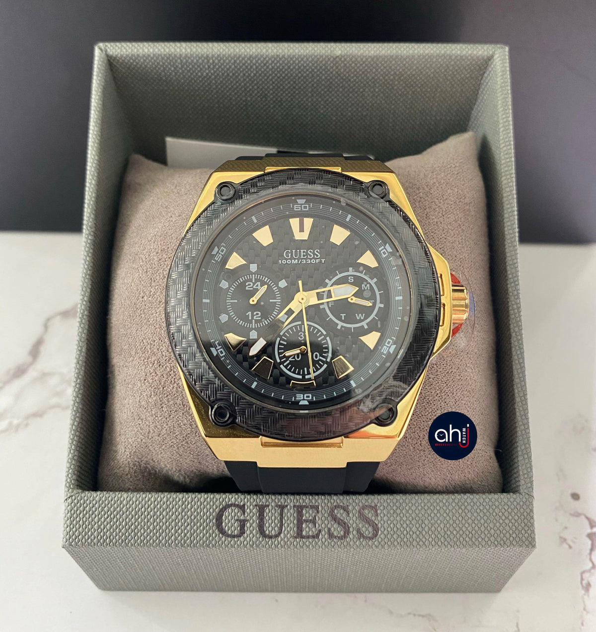 Guess Legacy watch in presentation box with brand packaging
