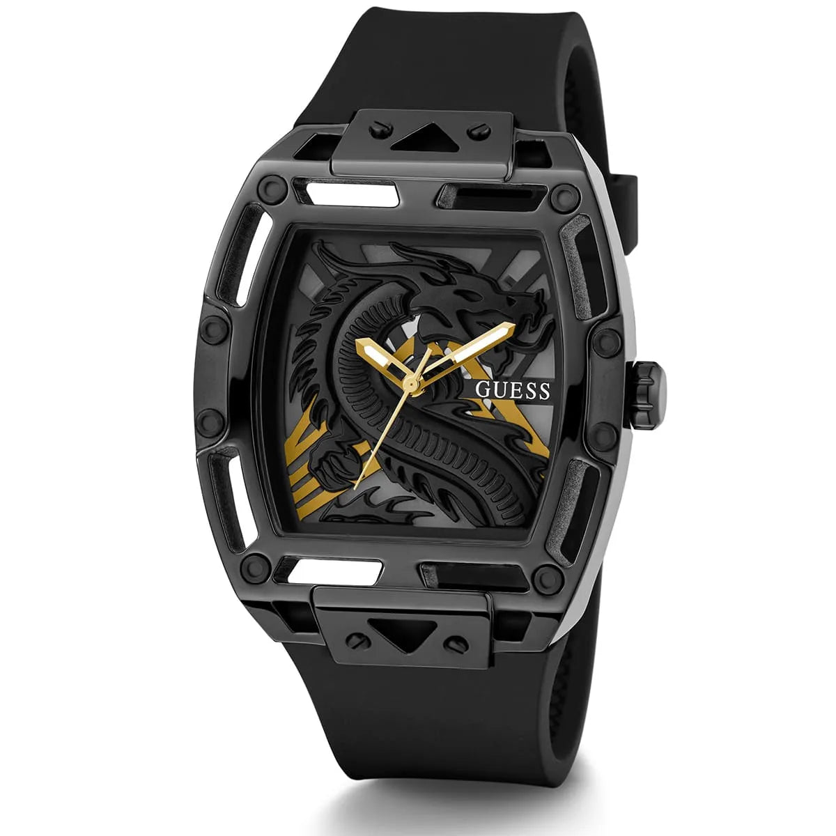 Guess Legend black rectangular watch at 45-degree angle showing dial and rubber strap