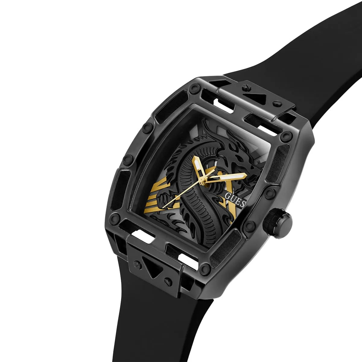 Guess Legend black rectangular watch from side view with black rubber strap
