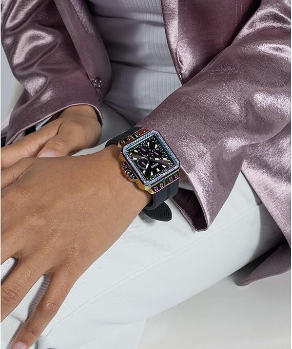 Guess Libra women's watch worn on wrist with black dial and crystal-set square case