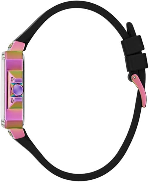 Side view of Guess Libra watch showing multicolor silicone strap and pink buckle