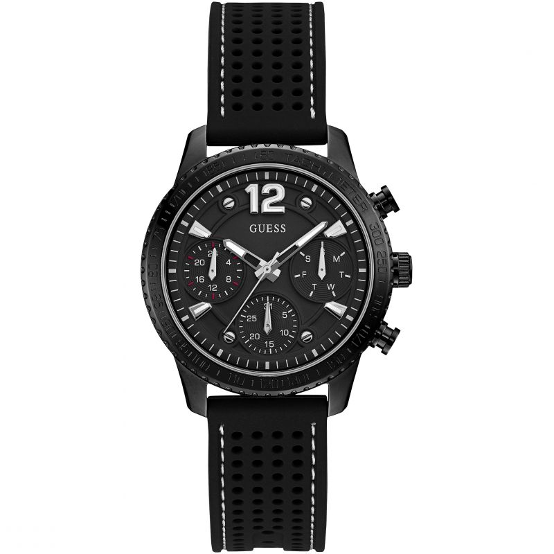 Guess Marina black chronograph watch with black dial and perforated strap