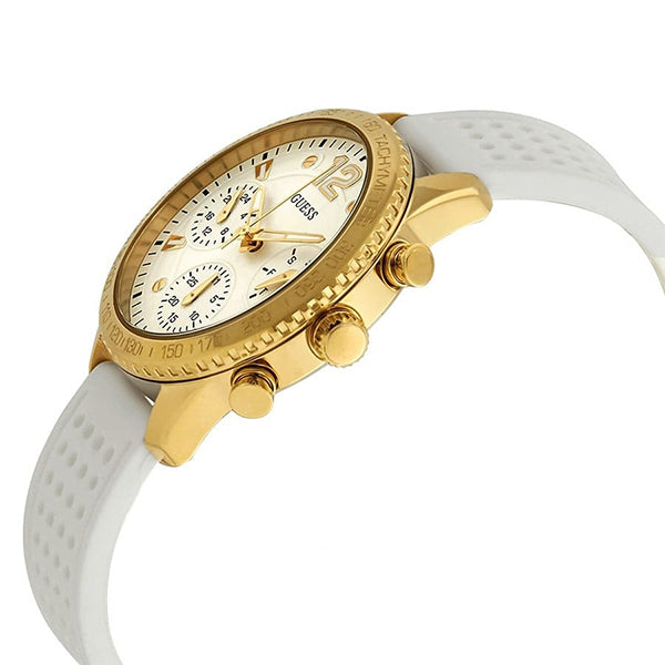 Guess Marina ladies watch angled view showing white dial and gold chronograph pushers
