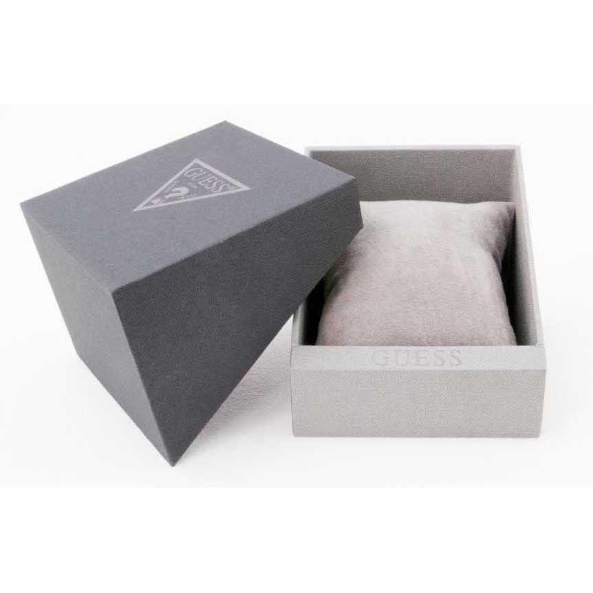 Guess Marina watch presentation box with gray exterior and white interior packaging