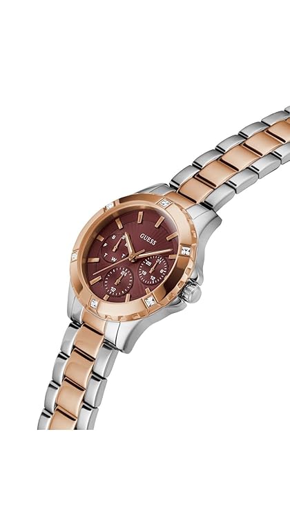 Angled view of Guess MIST chronograph watch with red dial and two-tone bracelet