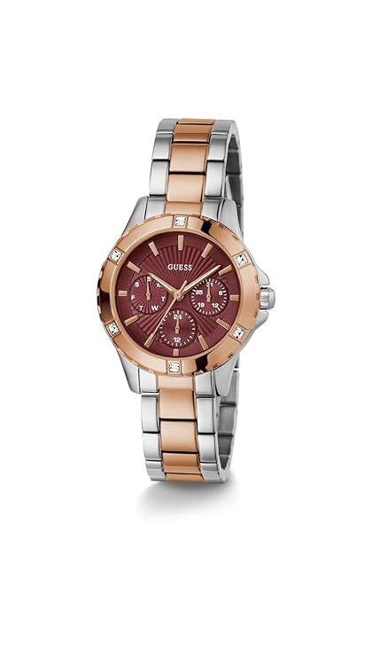Guess MIST women's analog watch with burgundy dial and chronograph subdials, two-tone