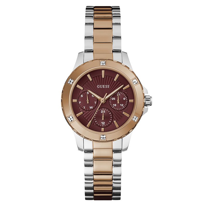 Guess MIST women's watch with burgundy red dial, rose gold and silver two-tone bracelet