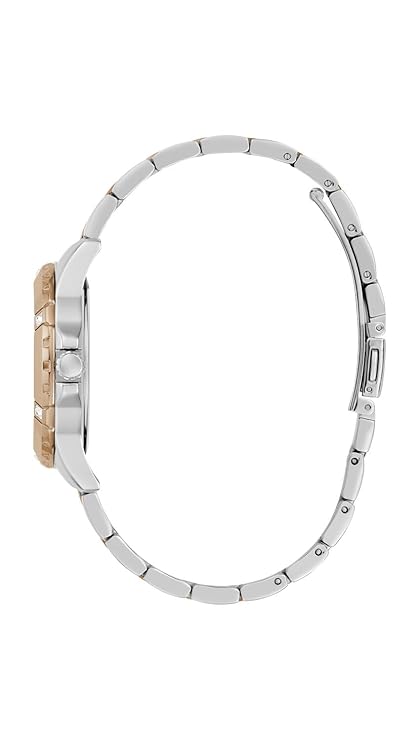 Side profile view of Guess MIST watch showing two-tone rose gold and silver bracelet