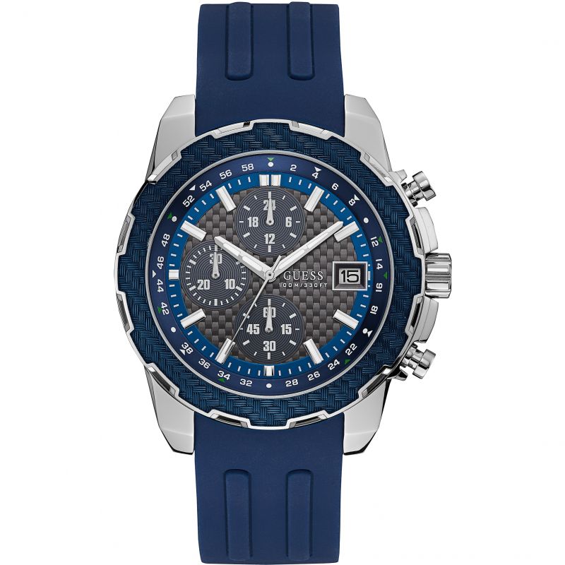 Guess Octane Sports Chronograph men's watch with blue dial, silver case, and blue rubber strap