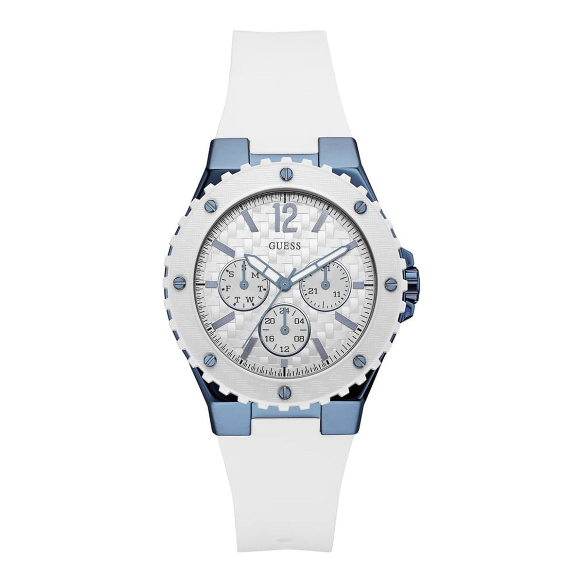 Guess Overdrive women's watch with white dial, blue and white silicone strap, and chronograph subdials