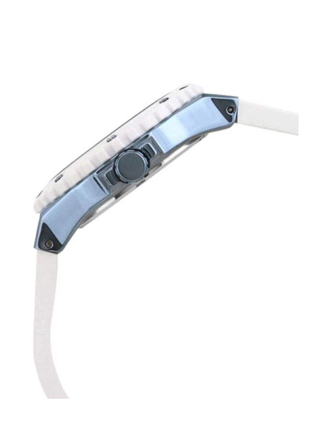 Side view of Guess Overdrive watch showing blue case, white silicone strap, and profile