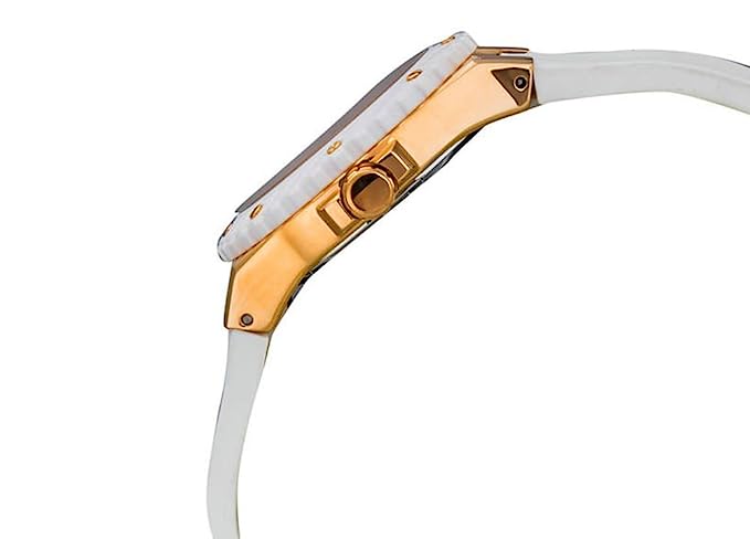 Side view of Guess Overdrive women's watch showing rose gold case and white strap