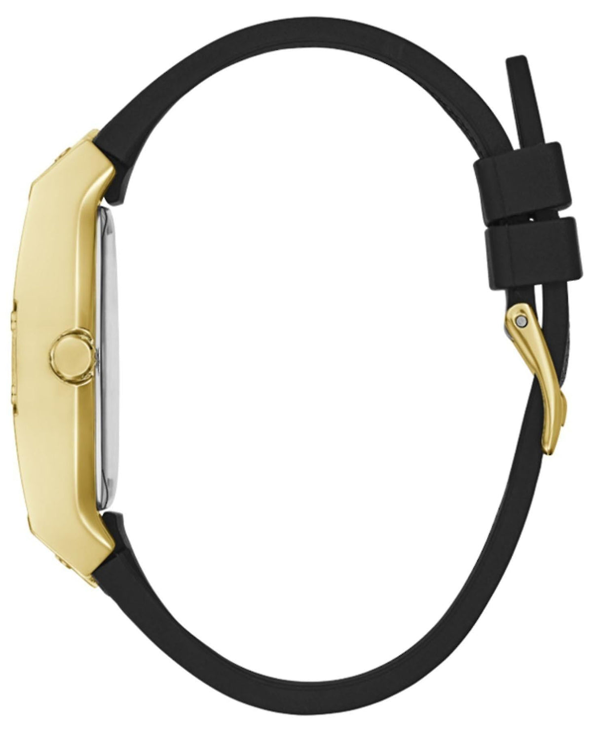 Guess Phoenix watch side view showing gold-tone case and black glitter strap
