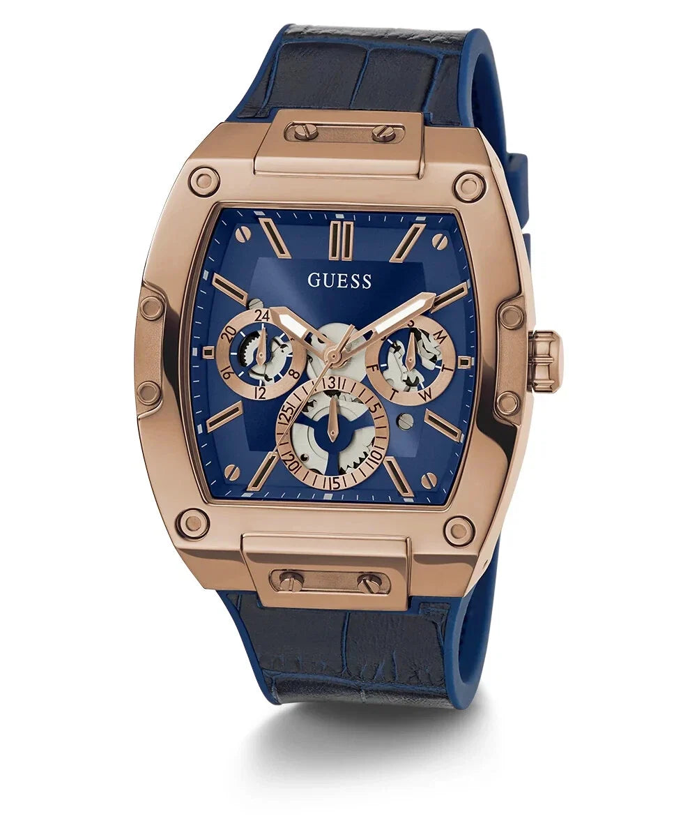 Guess Phoenix watch at angle showing rose-gold case and blue dial with subdials