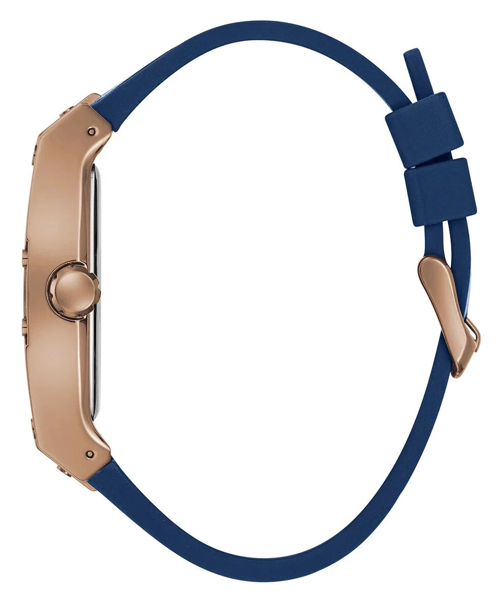Guess Phoenix watch side view showing rose-gold case profile and blue strap