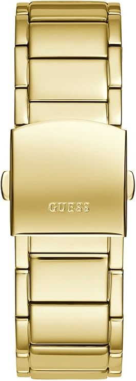 Gold bracelet and case back of Guess Phoenix watch with engraved branding