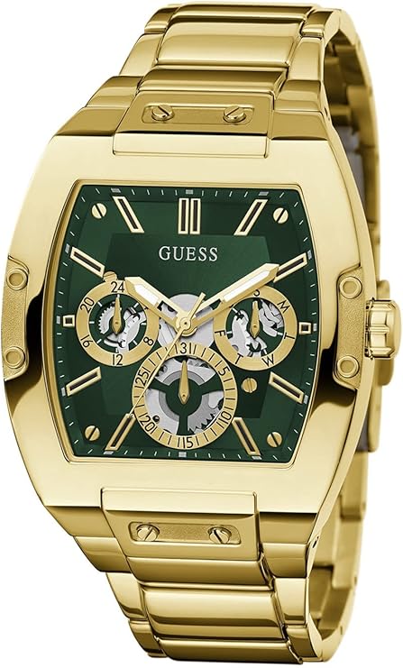 Guess Phoenix multi-function gold watch with green dial, gold hands, and chronograph subdials