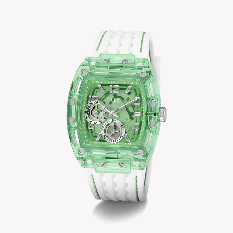 Guess Phoenix GW0499G10 angled view of green rectangle watch with white strap