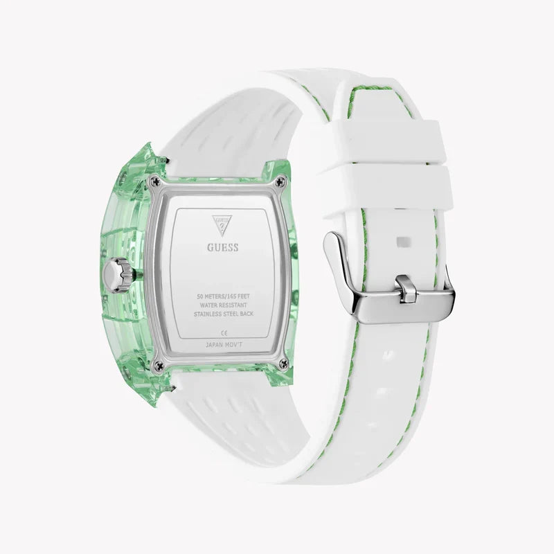 Guess Phoenix GW0499G10 caseback with engraved details and white rubber strap