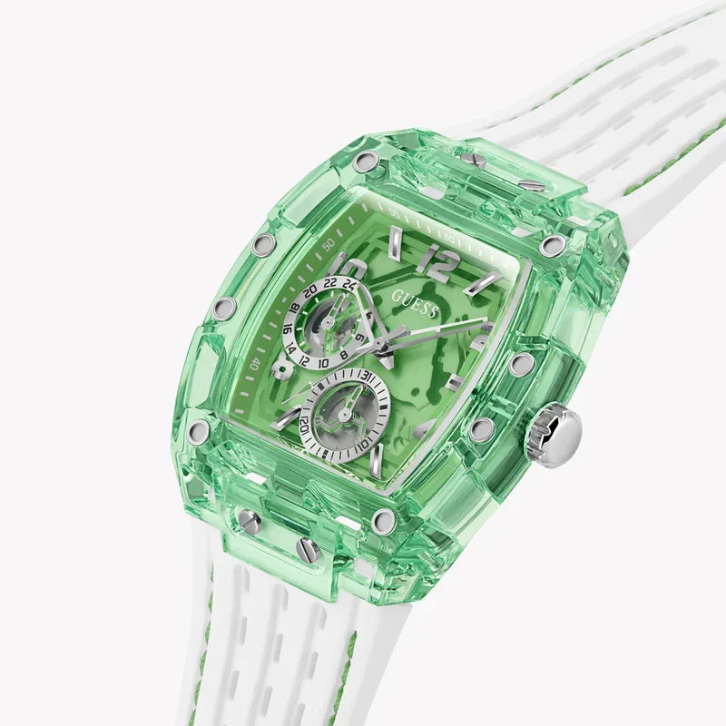 Guess Phoenix GW0499G10 dial detail showing skeleton movement and hour markers