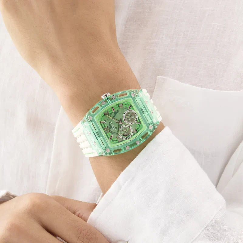 Guess Phoenix GW0499G10 green rectangle watch worn on wrist